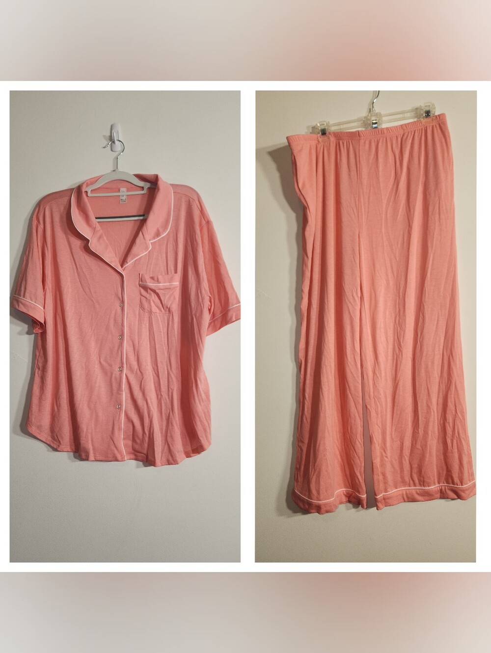 Salmon Pink XL Button-Front Pajama Set with Contrast Trim NWOT